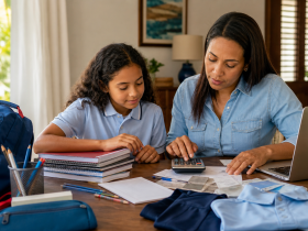Regreso a clases 2026 en República Dominicana: madre e hija preparando presupuesto escolar