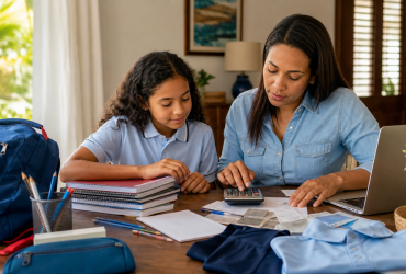 Regreso a clases 2026 en República Dominicana: madre e hija preparando presupuesto escolar