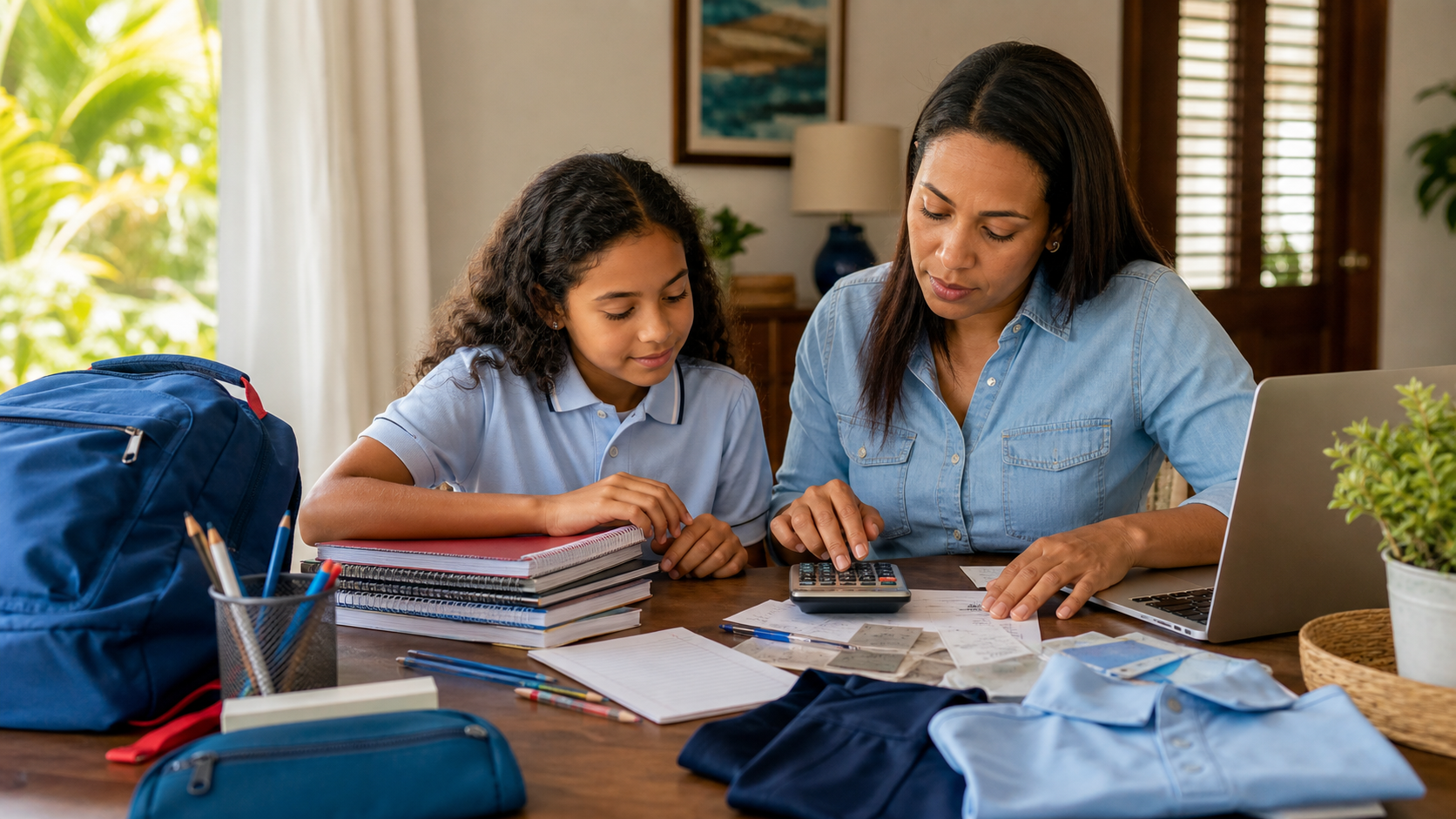 Regreso a clases 2026 en República Dominicana: madre e hija preparando útiles y presupuesto